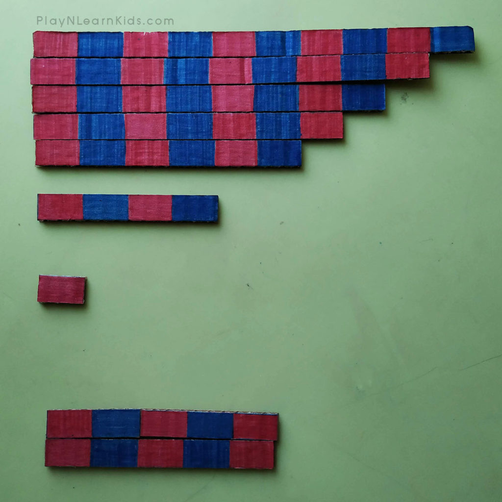 นำแท่งจำนวนมาเปรียบเทียบกัน ขั้นตอนการ บวกเลขแบบเห็นภาพ โดยใช้ Montessori Number Rod
