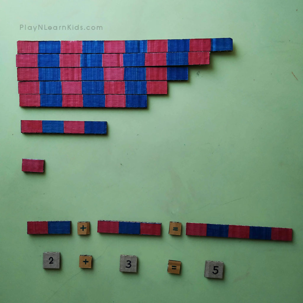 แสดงตัวเลขแทนแท่งจำนวน ขั้นตอนสุดท้าย ของการ บวกเลขแบบเห็นภาพ โดยใช้ Montessori Number Rod